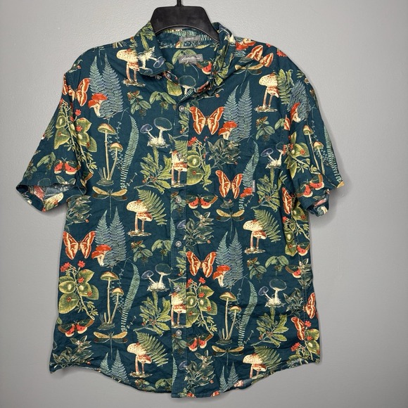 Eddie Bauer Shirt Mens Large Green Mushroom Nature Classic Fit Cotton Hawaiian - Picture 1 of 8